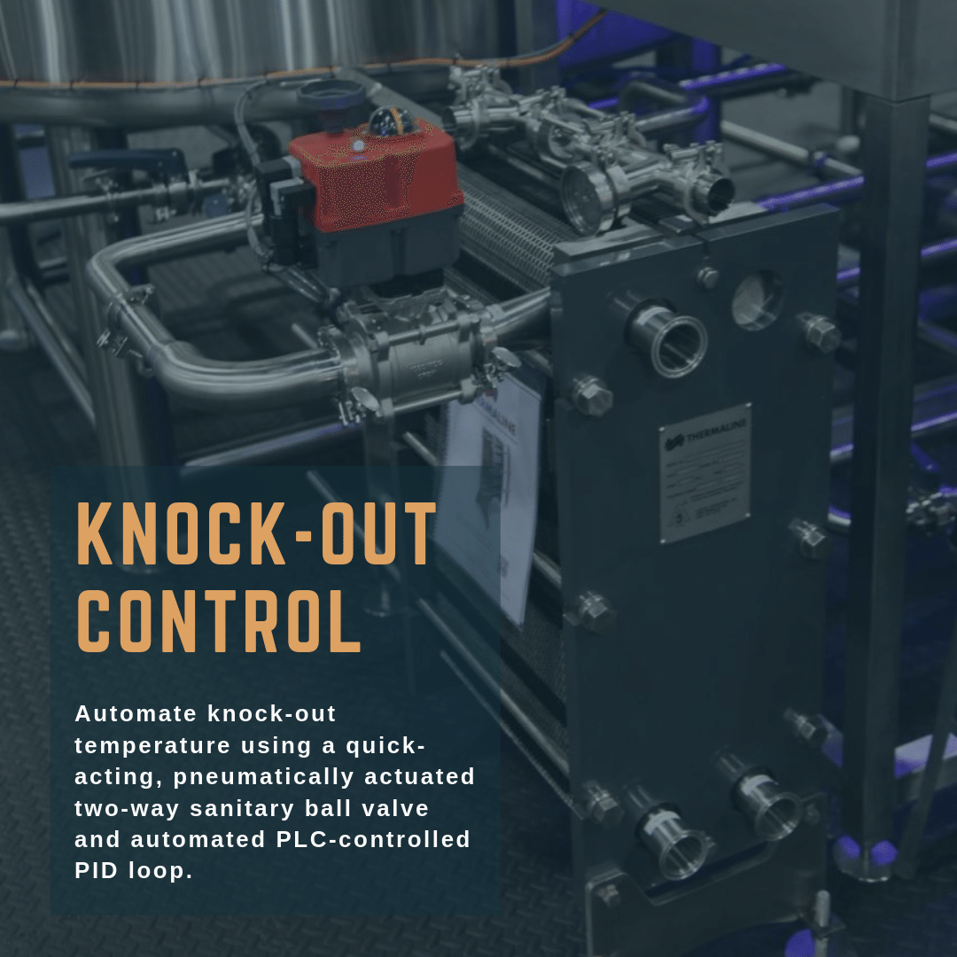 Knock-Out Control: Automate knock-out temperature using a quick-acting, pneumatically actuated two-way sanitary ball valve and automated PLC-controlled PID loop.