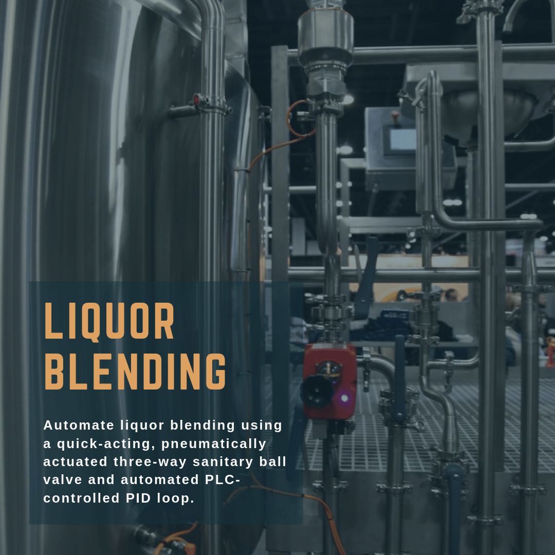 Liquor Blending: Automate liquor blending using a quick-acting, pneumatically actuated three-way sanitary ball valve and automated PLC-controlled PID loop.